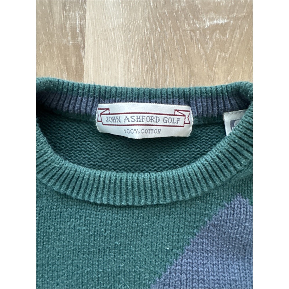 John Ashford Golf Men's VTG 90's Pull Over 100%cotton Sweater Green Sz L Argyle - Picture 3 of 5